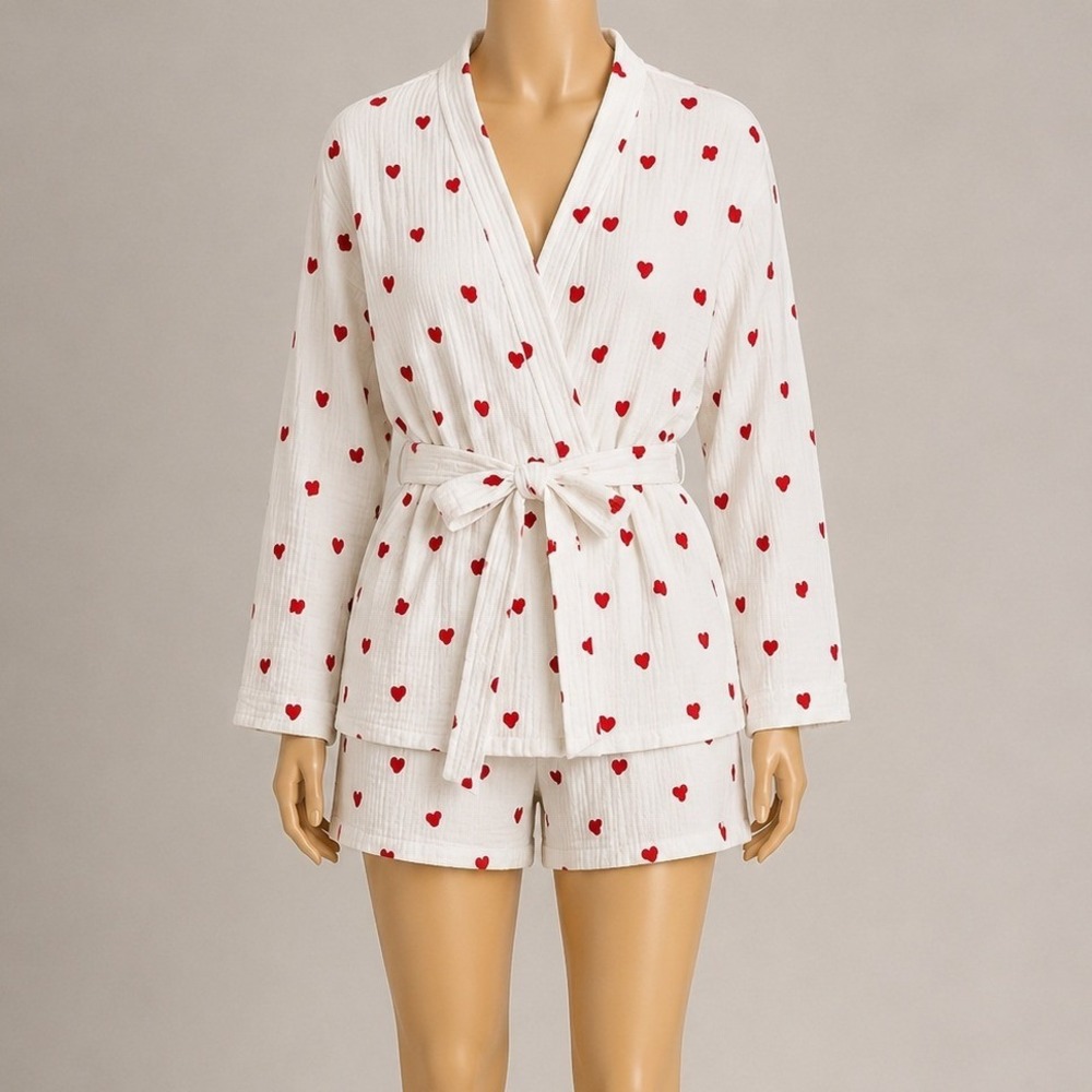 Coquette Pajama Set Womens Medium Heart Print Belted Cotton Lounge Sleep Set